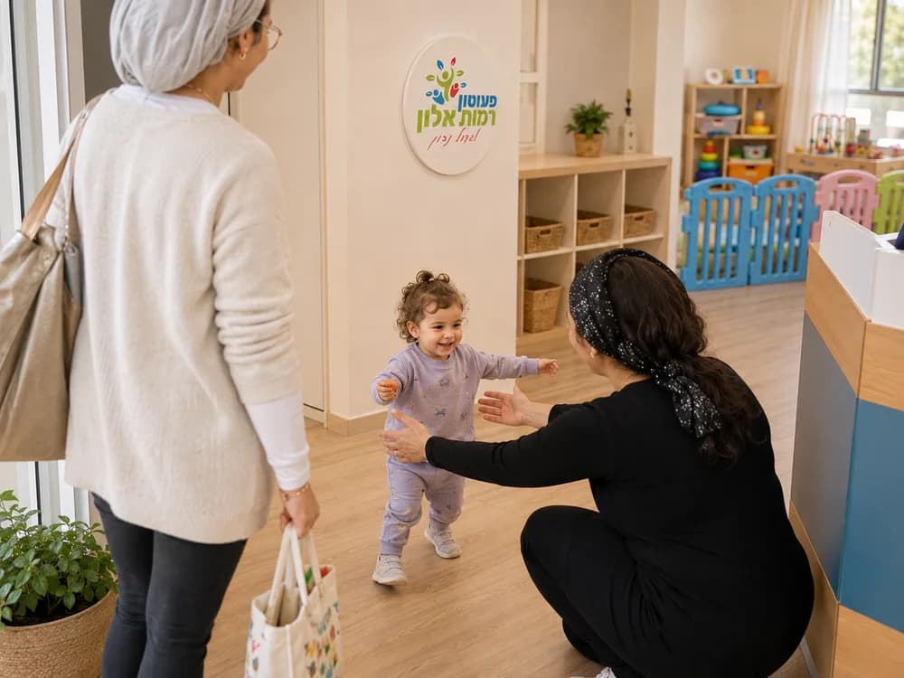המחשה: פעוטה מתקבלת בזרועות פתוחות על ידי אשת צוות בכניסה לפעוטון