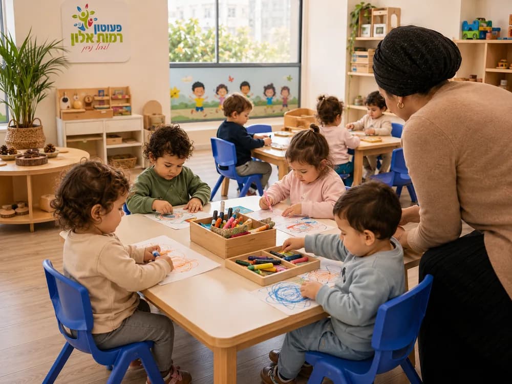 המחשה: פעוטות מציירים בצבעים סביב שולחן עם אשת צוות