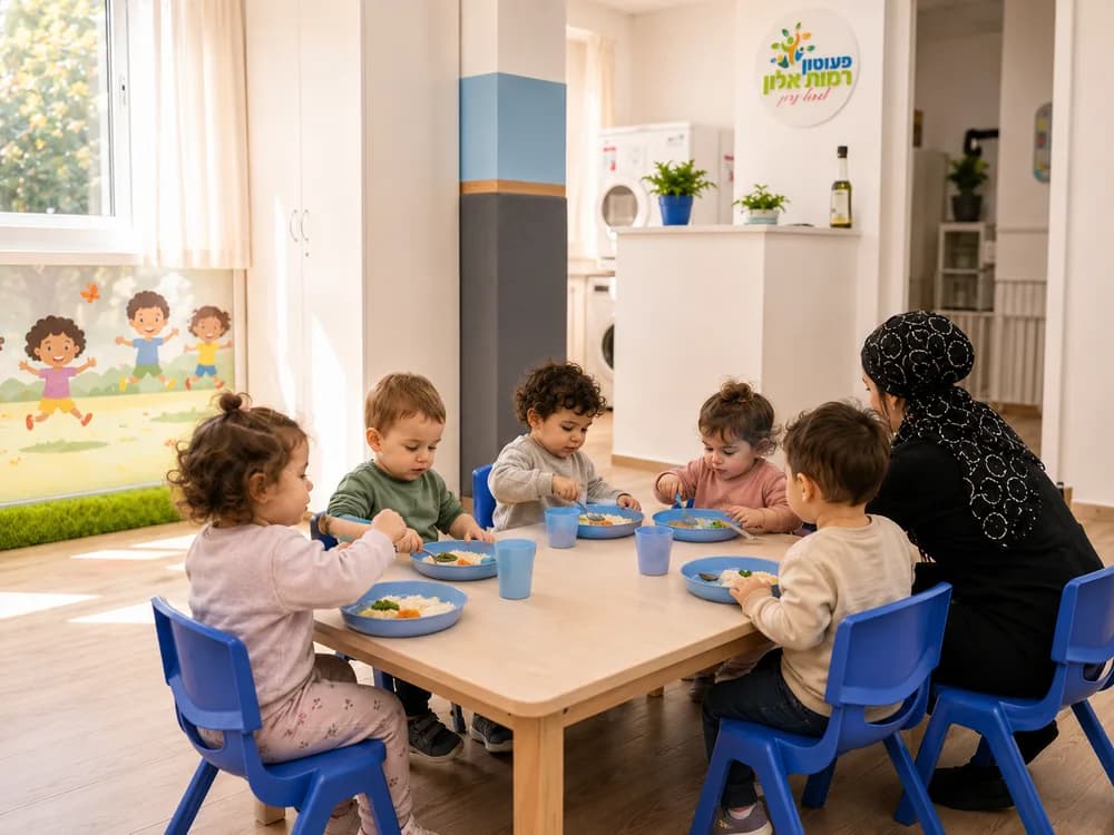 המחשה: פעוטות אוכלים יחד ליד השולחן עם אשת צוות