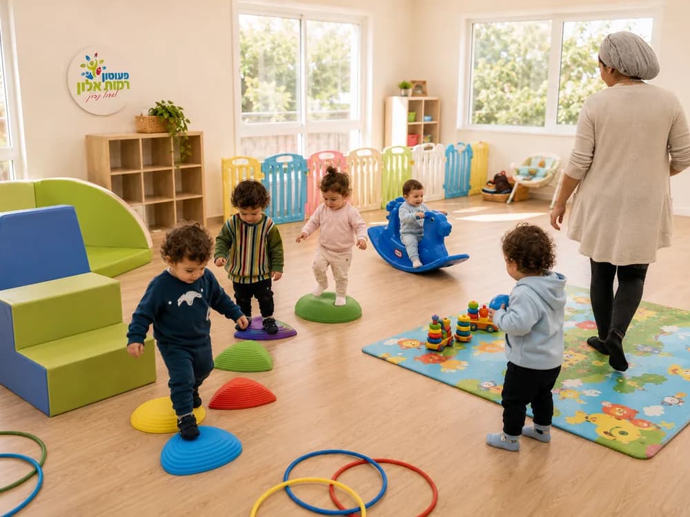 המחשה: פעוטות מתנועעים בין מכשולים רכים בחדר הפעילות