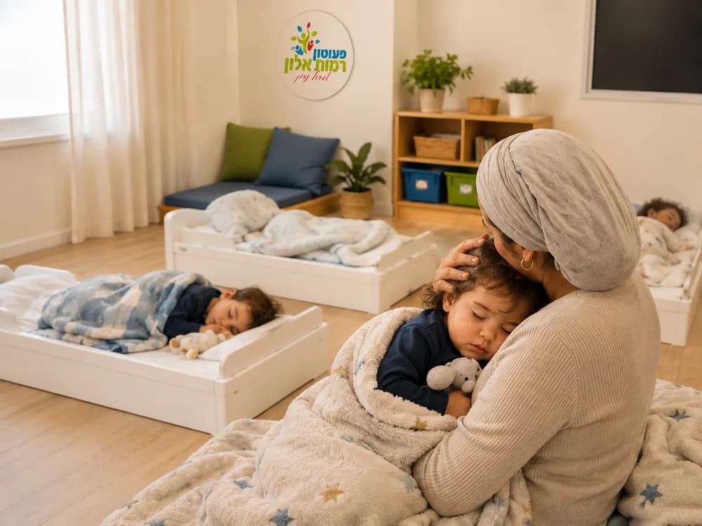המחשה: אשת צוות מחבקת פעוט מנמנם בפינת המנוחה